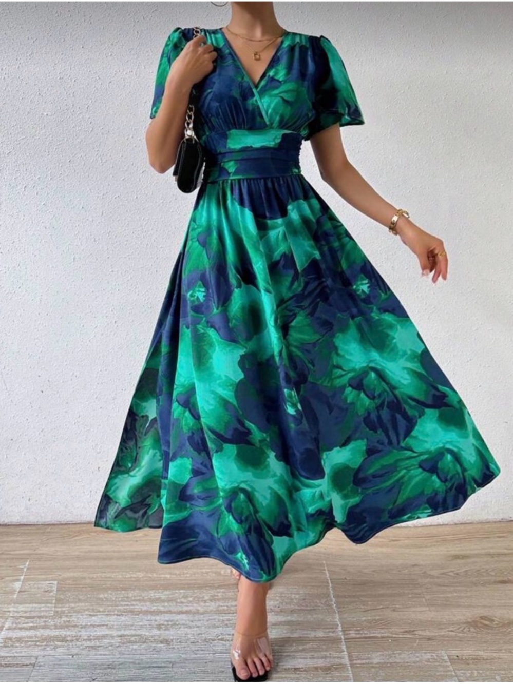 SHEIN Green and Navy Watercolor Print Dress